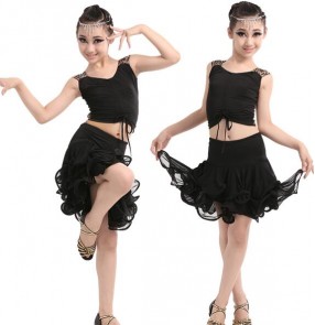 Black leopard patchwork sleeveless girls kids child children gymnastics performance latin salsa cha cha dance wear dance dresses